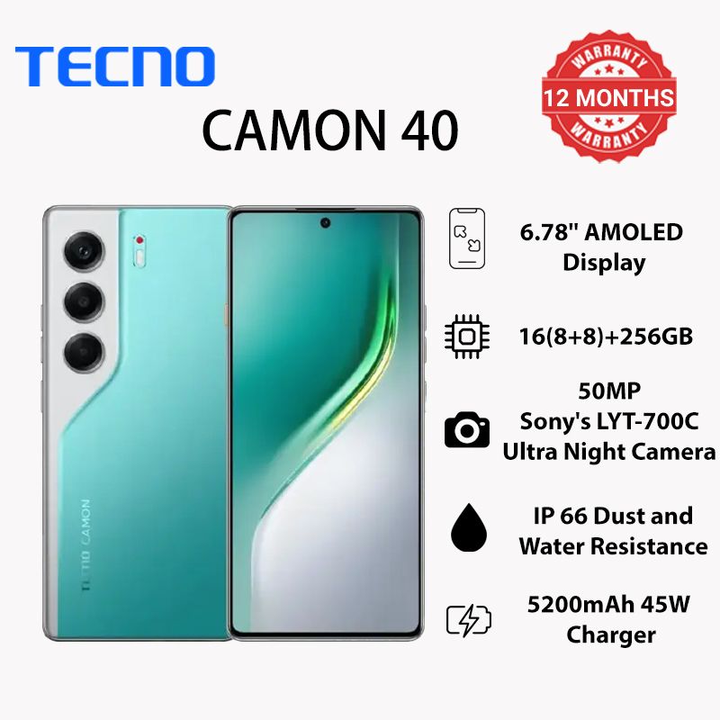 TECNO AI CAMON 40 256GB+16GB (8+8GB) | 6.78” Display | 50MP Sony LYT + 32MP Front | 5200mAh Battery | Helio G100 Chip | Android 15 + HIOS 15