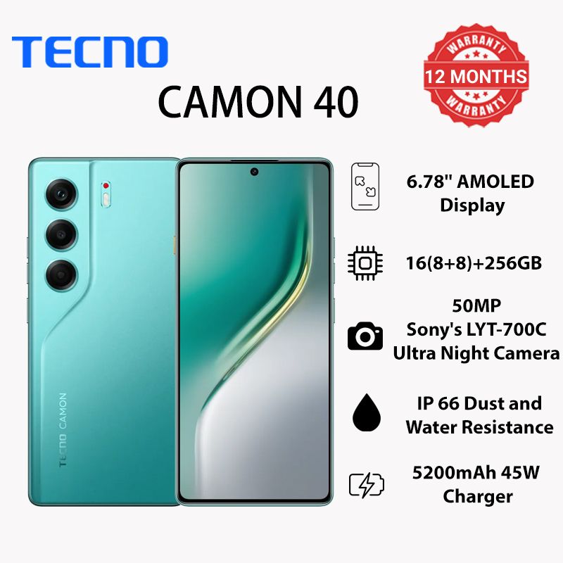 TECNO AI CAMON 40 256GB+16GB (8+8GB) | 6.78” Display | 50MP Sony LYT + 32MP Front | 5200mAh Battery | Helio G100 Chip | Android 15 + HIOS 15