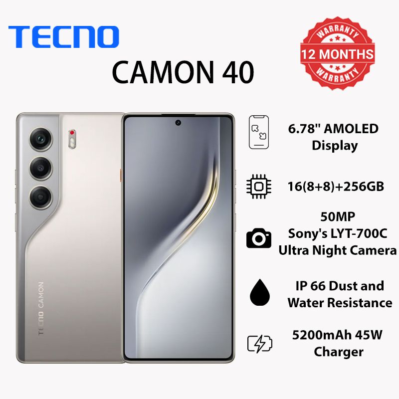 TECNO AI CAMON 40 256GB+16GB (8+8GB) | 6.78” Display | 50MP Sony LYT + 32MP Front | 5200mAh Battery | Helio G100 Chip | Android 15 + HIOS 15