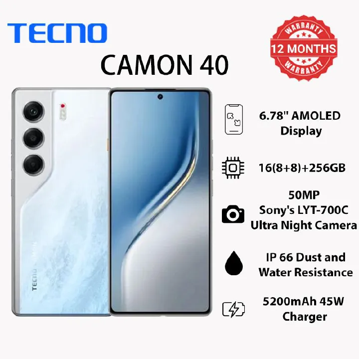 TECNO Camon 40 Smartphone 16GB+256GB | 6.78" 120Hz Screen | 5200mAh Battery & 45W Fast Charge | IP66 Waterproof Dustproof | 50MP Night Camera | 12 Months Warranty Uganda