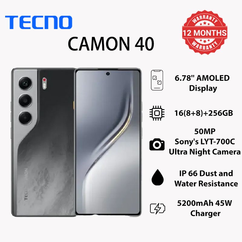TECNO AI CAMON 40 256GB+16GB (8+8GB) | 6.78” Display | 50MP Sony LYT + 32MP Front | 5200mAh Battery | Helio G100 Chip | Android 15 + HIOS 15
