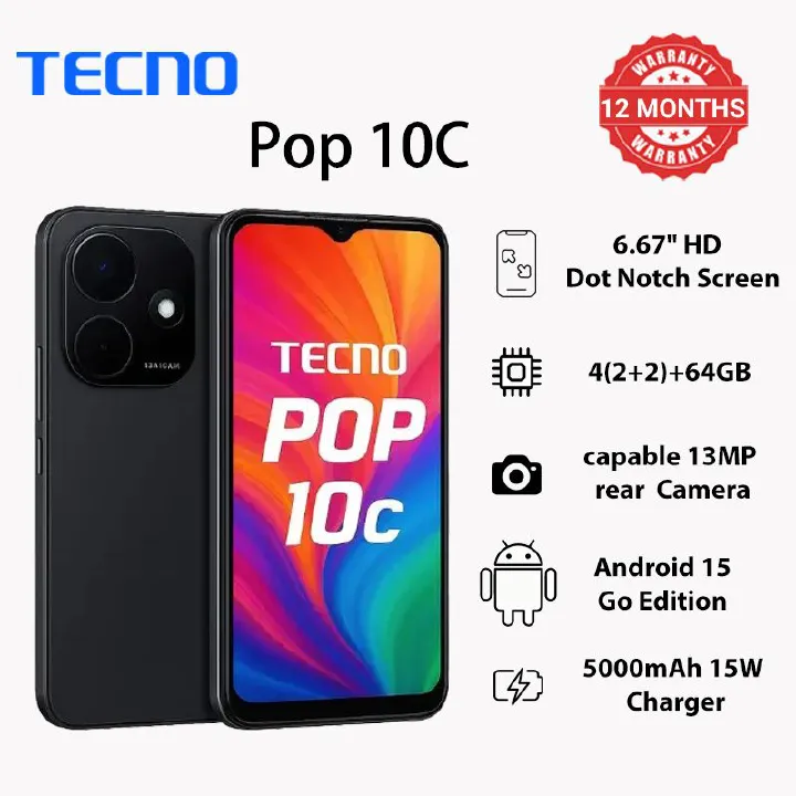 TECNO Pop 10C 64GB Storage upto 4(2+2)GB RAM 6.6" HD+90Hz Refresh 13MP+8MP 5000mAH Super Battery 10W Type-C Fast Charge Dual 4G Network Side Fingerprint Smart Phone
