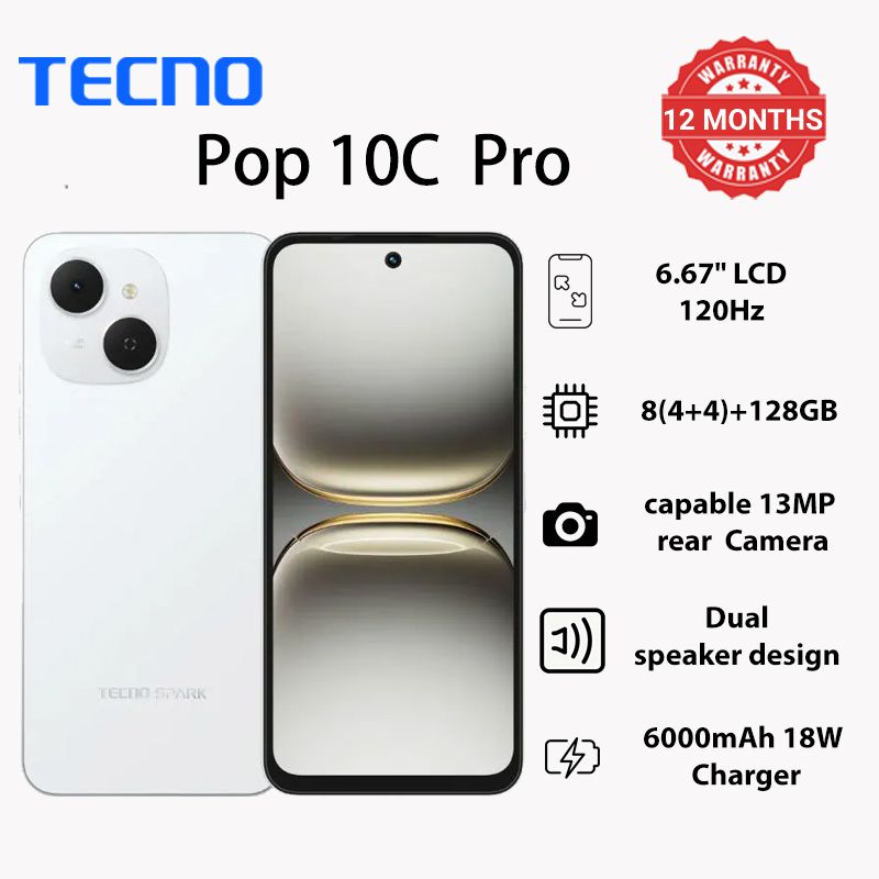 TECNO POP 10 Pro 128GB +8(4+4)GB 6.67" 120Hz Phone Dynamic Port 13MP Dual Speaker 6000mAh 18W Type-C Dual SIM 4G Side Fingerprint IP64 Smart Phones