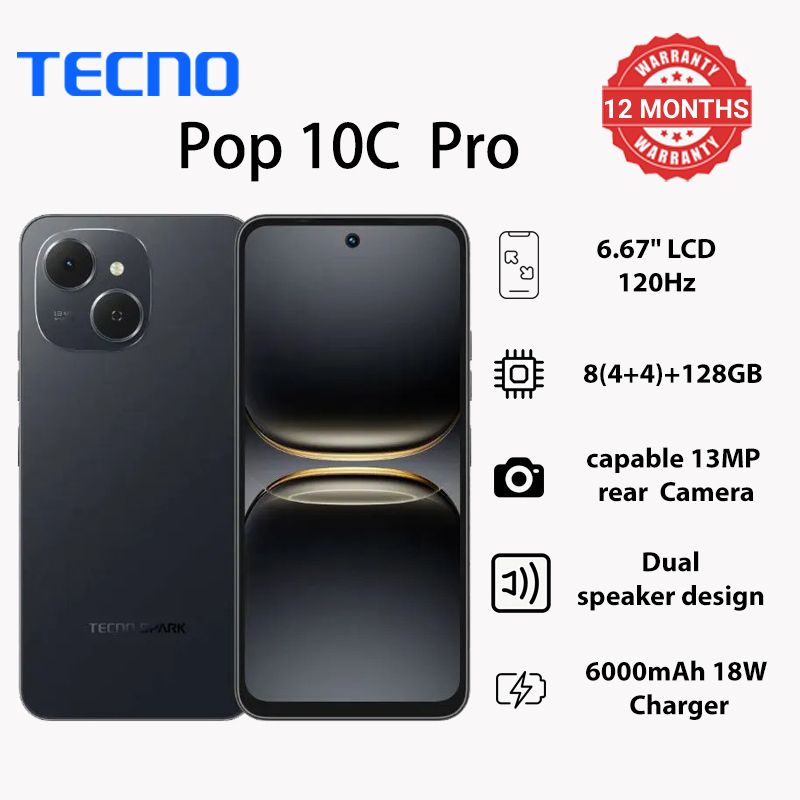 TECNO POP 10 Pro 128GB +8(4+4)GB 6.67" 120Hz Phone Dynamic Port 13MP Dual Speaker 6000mAh 18W Type-C Dual SIM 4G Side Fingerprint IP64 Smart Phones