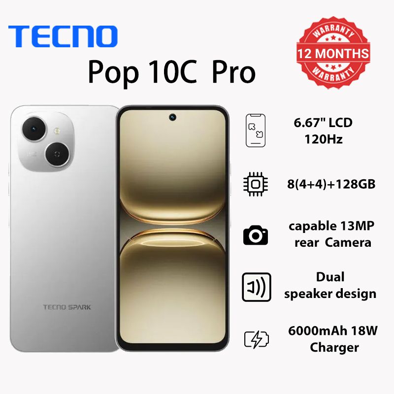 TECNO POP 10 Pro 128GB +8(4+4)GB 6.67" 120Hz Phone Dynamic Port 13MP Dual Speaker 6000mAh 18W Type-C Dual SIM 4G Side Fingerprint IP64 Smart Phones
