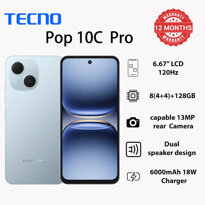 TECNO POP 10 Pro 128GB +8(4+4)GB 6.67" 120Hz Phone Dynamic Port 13MP Dual Speaker 6000mAh 18W Type-C Dual SIM 4G Side Fingerprint IP64 Smart Phones