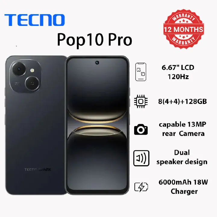 TECNO Pop10 Pro 4G Smartphone 8GB+128GB 6.67" 120Hz LCD Screen 6000mAh Battery 18W Charger IP64 Dual Speaker Side Fingerprint 12 Months Warranty Uganda