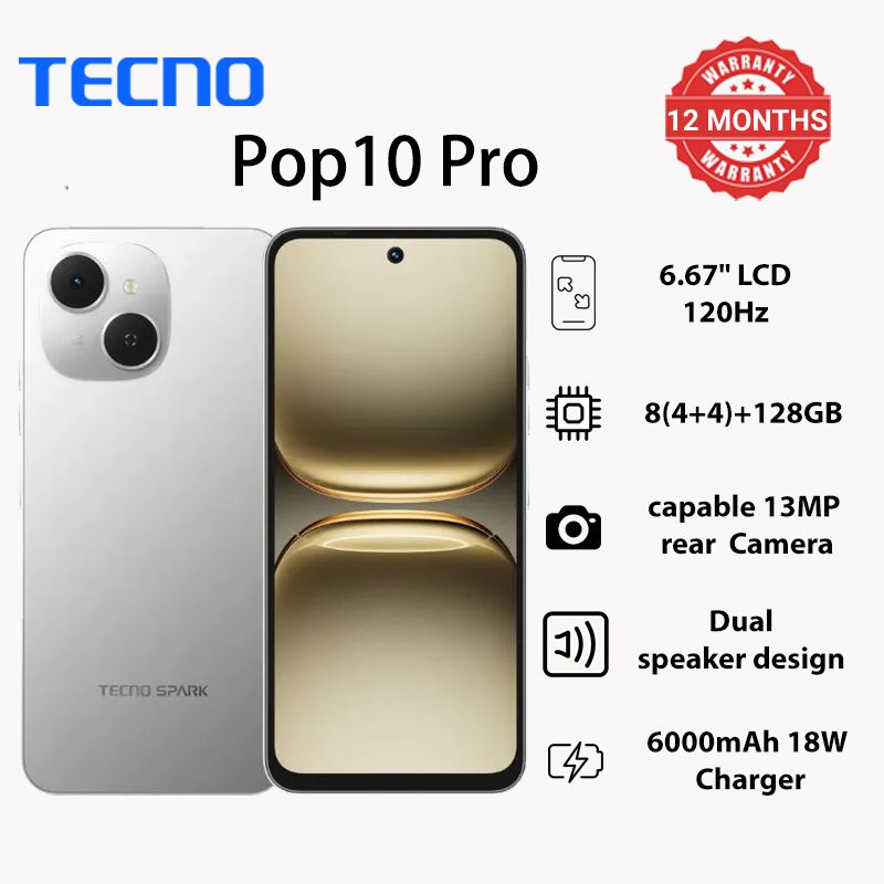 TECNO POP 10 Pro 128GB +8(4+4)GB 6.67" 120Hz Phone Dynamic Port 13MP Dual Speaker 6000mAh 18W Type-C Dual SIM 4G Side Fingerprint IP64 Smart Phones