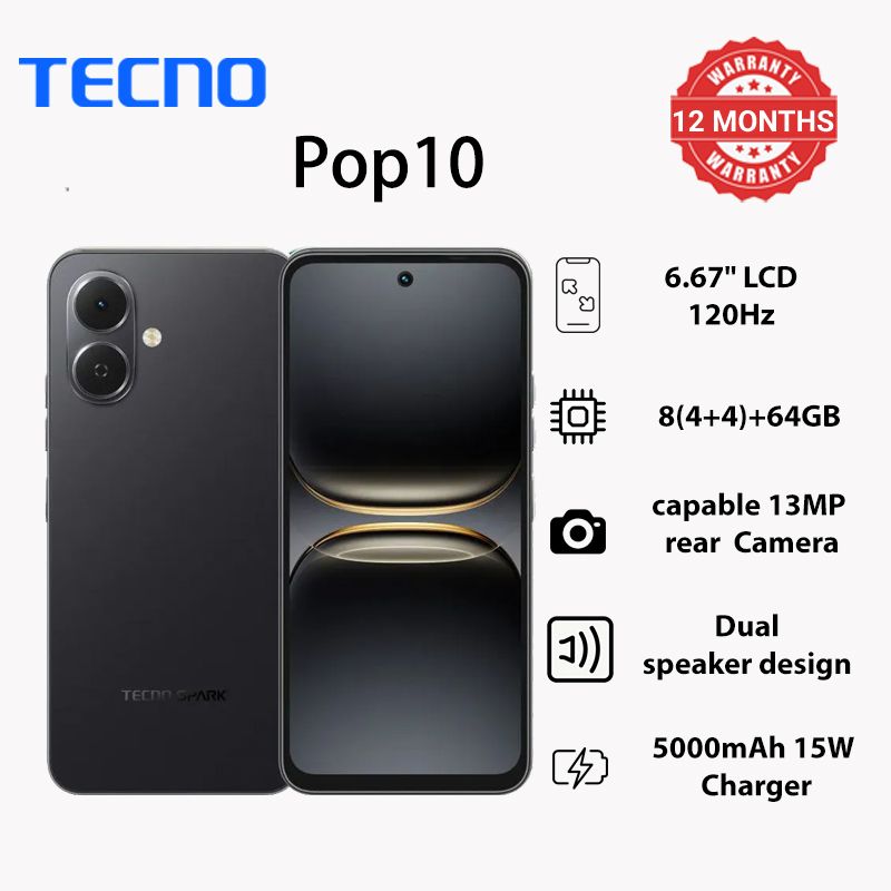 TECNO POP 10 64GB + 8(4+4)GB 4G Network 6.67" 120Hz Hole Screen Dual Speakers IP64 Waterproof 13MP 5000mAh 15W Type-C Android 15 Dual SIM Phone Side Fingerprint Unlock phones
