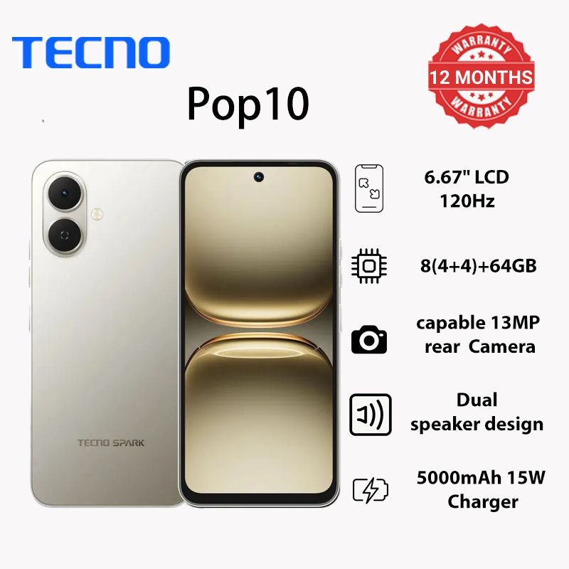 TECNO POP 10 64GB + 8(4+4)GB 4G Network 6.67" 120Hz Hole Screen Dual Speakers IP64 Waterproof 13MP 5000mAh 15W Type-C Android 15 Dual SIM Phone Side Fingerprint Unlock phones