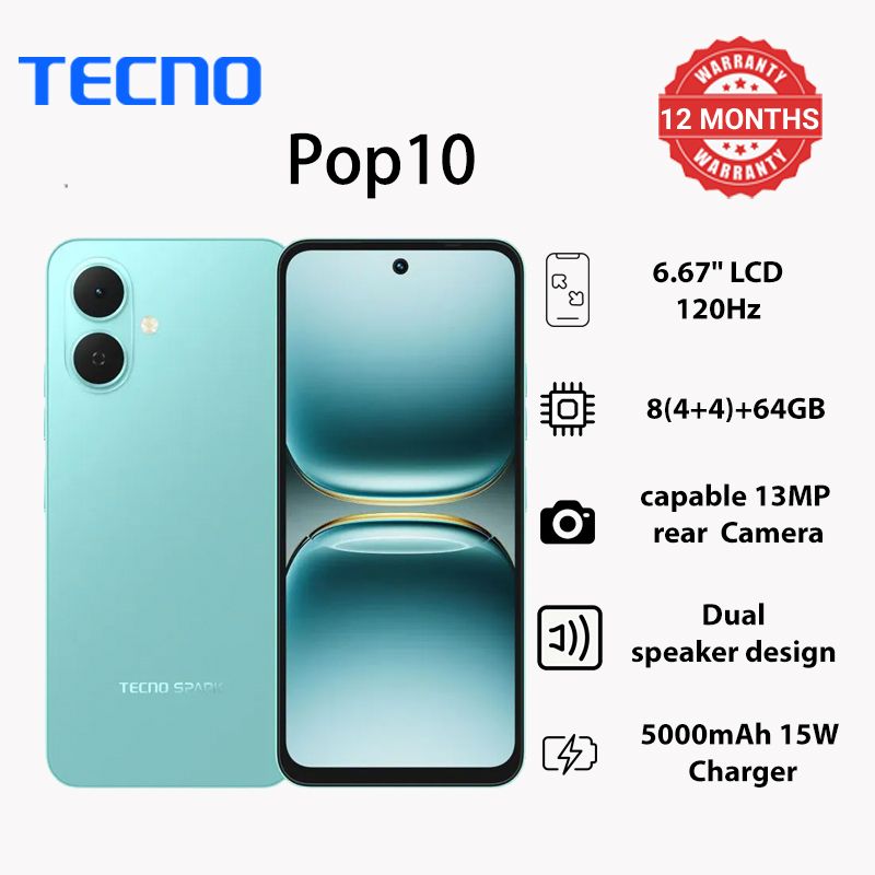 TECNO POP 10 64GB + 8(4+4)GB 4G Network 6.67" 120Hz Hole Screen Dual Speakers IP64 Waterproof 13MP 5000mAh 15W Type-C Android 15 Dual SIM Phone Side Fingerprint Unlock phones