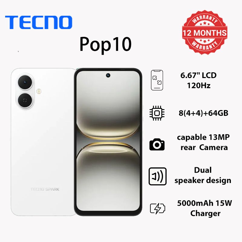 TECNO POP 10 64GB + 8(4+4)GB 4G Network 6.67" 120Hz Hole Screen Dual Speakers IP64 Waterproof 13MP 5000mAh 15W Type-C Android 15 Dual SIM Phone Side Fingerprint Unlock phones
