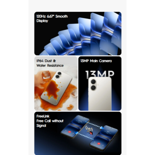 TECNO POP 10 64GB + 8(4+4)GB 4G Network 6.67" 120Hz Hole Screen Dual Speakers IP64 Waterproof 13MP 5000mAh 15W Type-C Android 15 Dual SIM Phone Side Fingerprint Unlock phones