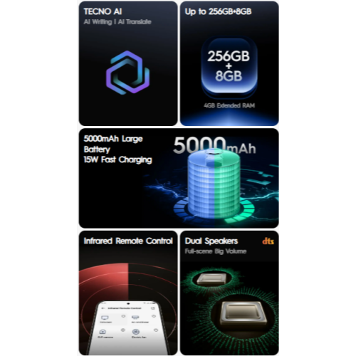 TECNO POP 10 64GB + 8(4+4)GB 4G Network 6.67" 120Hz Hole Screen Dual Speakers IP64 Waterproof 13MP 5000mAh 15W Type-C Android 15 Dual SIM Phone Side Fingerprint Unlock phones
