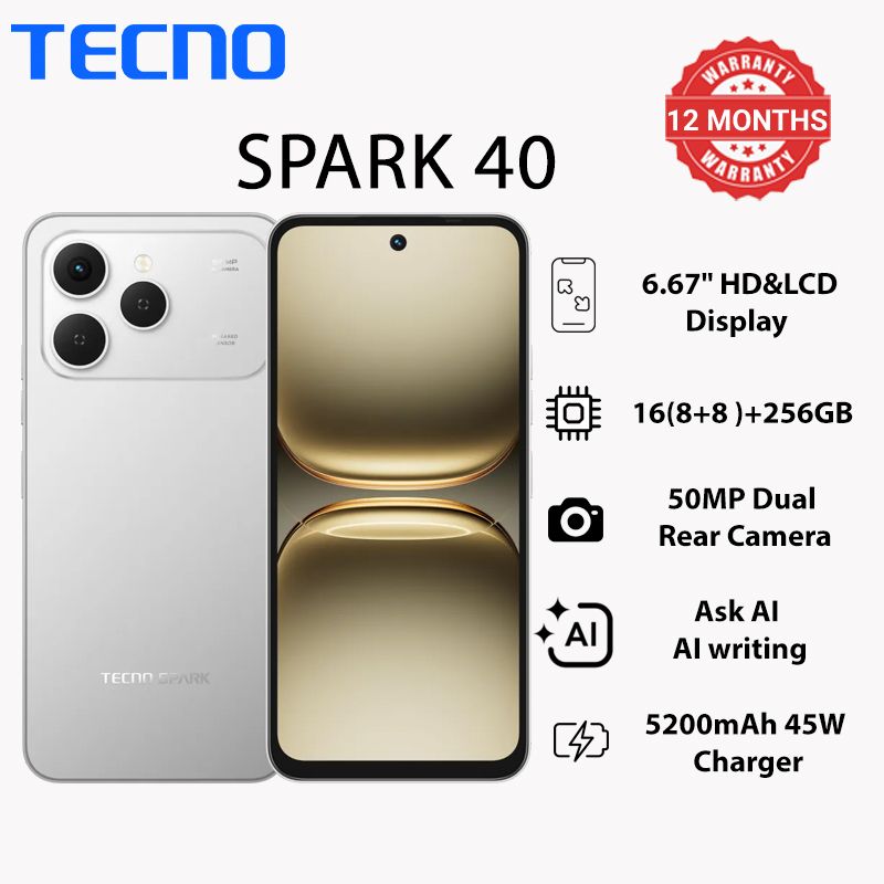 TECNO SPARK 40 256GB+16(8+8)GB 6.67" 120Hz Phone Dynamic Port 50MP Dual Speaker 5200mAh 45W Type-C Dual SIM 4G Side Fingerprint IP64 Smart AI Phones