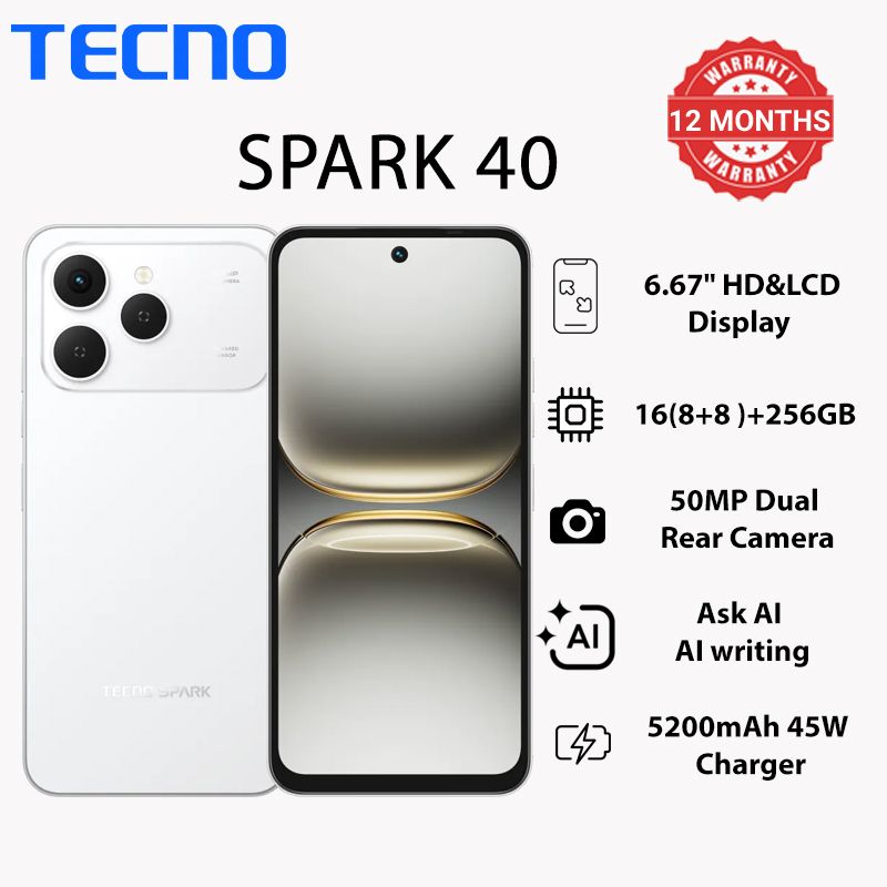 TECNO SPARK 40 256GB+16(8+8)GB 6.67" 120Hz Phone Dynamic Port 50MP Dual Speaker 5200mAh 45W Type-C Dual SIM 4G Side Fingerprint IP64 Smart AI Phones