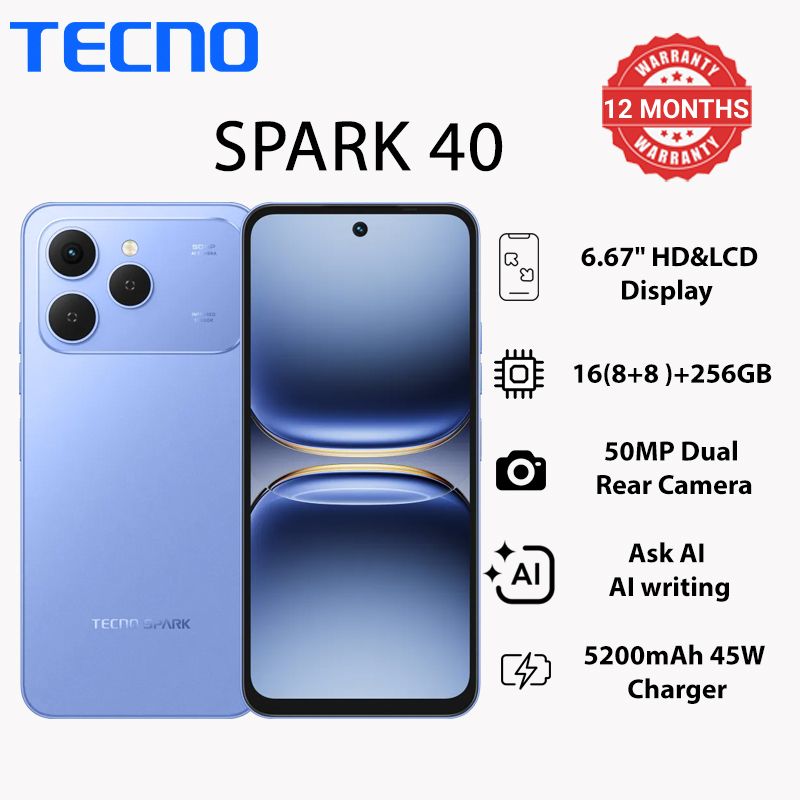 TECNO SPARK 40 256GB+16(8+8)GB 6.67" 120Hz Phone Dynamic Port 50MP Dual Speaker 5200mAh 45W Type-C Dual SIM 4G Side Fingerprint IP64 Smart AI Phones