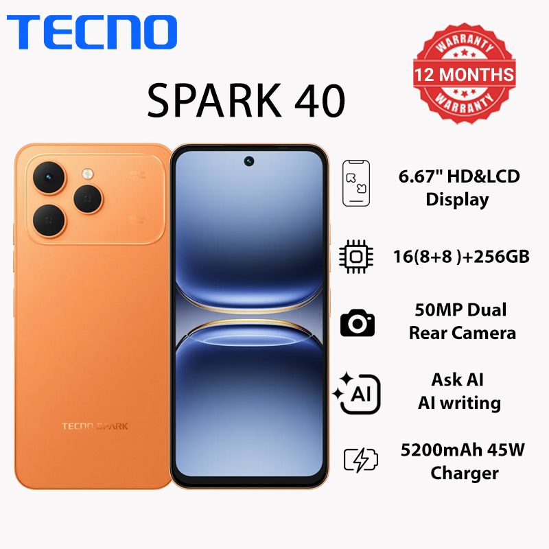 TECNO SPARK 40 128GB +8(4+4)GB 6.67" 120Hz Phone Dynamic Port 50MP Dual Speaker 5200mAh 45W Type-C Dual SIM 4G Side Fingerprint IP64 Smart AI Phones