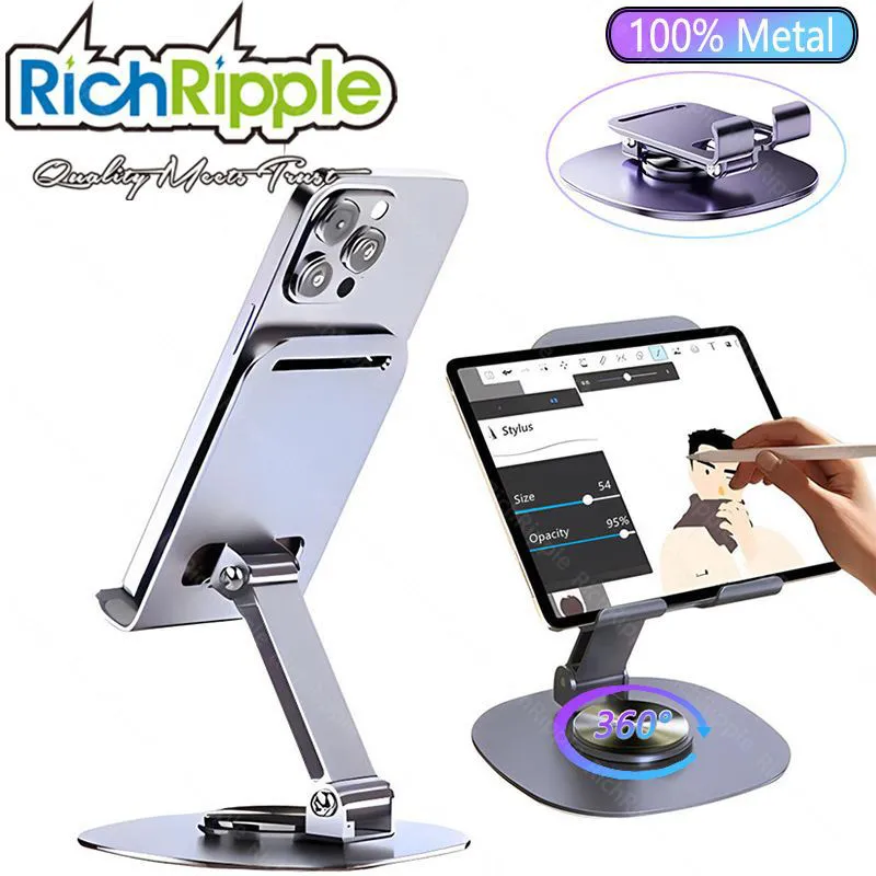 RichRipple 100% Metal Universal Desk Phone Holder Stand Adjustable 360°Rotating Desktop Flat Hold Foldable Portable Stand For Phone/Pad/Tablet Mounts & Stands
