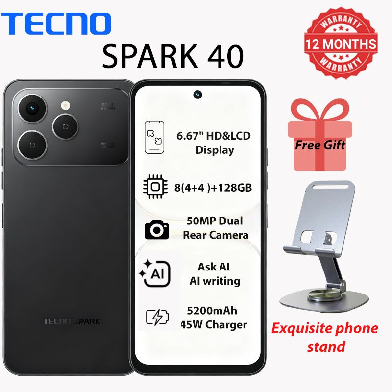 TECNO SPARK 40 128GB +8(4+4)GB 6.67" 120Hz Phone Dynamic Port 50MP Dual Speaker 5200mAh 45W Type-C Dual SIM 4G Side Fingerprint IP64 Smart AI Phones