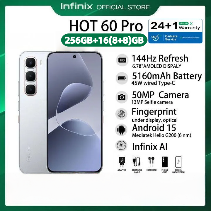 [New Arrivals]Infinix Hot 60 Pro 256GB+16(8+8)GB 6.78" 144Hz Screen 4G Slim Phone Dual SIM 5160mAh 45W Fast Charging 50MP Camera Fingerprint Lock NFC MTK Helio G200 Gyroscope AI Smart phones
