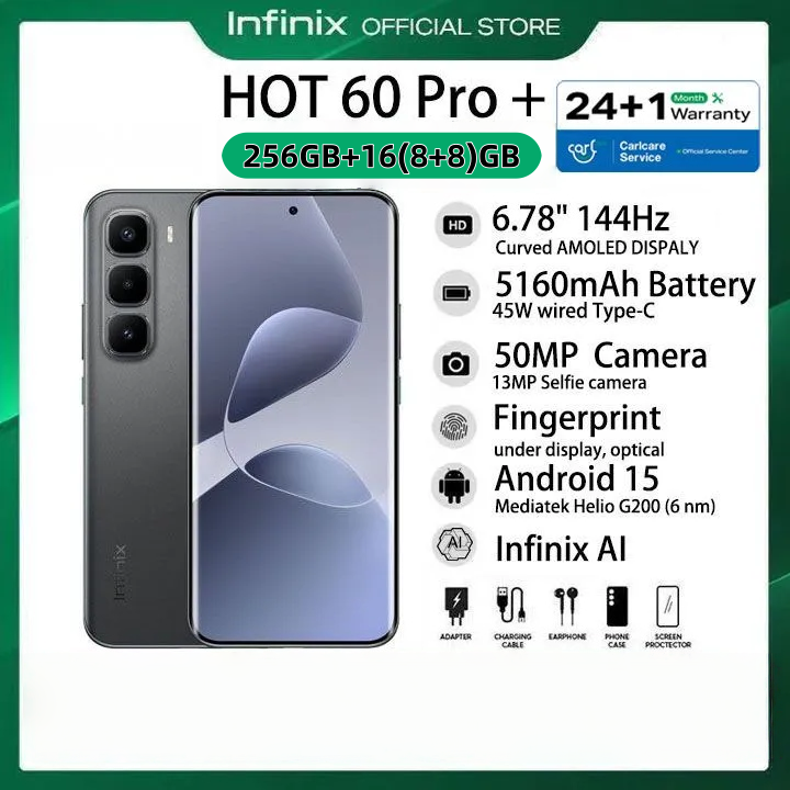 [New Arrivals] Infinix Hot 60 Pro Plus 256GB+16(8+8)GB 6.78" 144Hz Curved Screen Dual SIM 4G Slim Phone 45W 5160mAh Battery 50MP Camera NFC JBL Helio G200 Hot 60 Pro+ Gyroscope Smart AI Phones