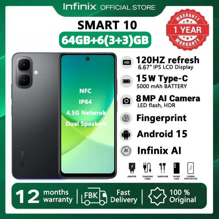 Infinix Smart 10 64GB + 6(3+3)GB 6.67" 120Hz Display Dual Speakers Dual SIM 4.5G Slim Phone 5000mAh Battery With 15W Charging NFC IP64 Fingerprint Lock Android 15 AI Smart Phones