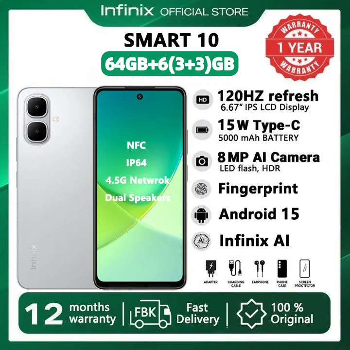 Infinix Smart 10 64GB + 6(3+3)GB 6.67" 120Hz Display Dual Speakers Dual SIM 4.5G Slim Phone 5000mAh Battery With 15W Charging NFC IP64 Fingerprint Lock Android 15 AI Smart Phones