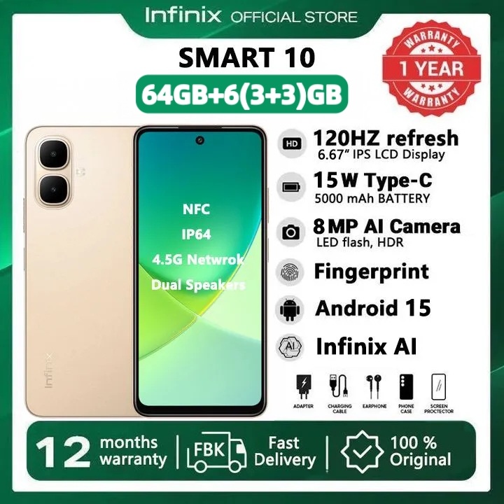 Infinix Smart 10 64GB + 6(3+3)GB 6.67" 120Hz Display Dual Speakers Dual SIM 4.5G Slim Phone 5000mAh Battery With 15W Charging NFC IP64 Fingerprint Lock Android 15 AI Smart Phones