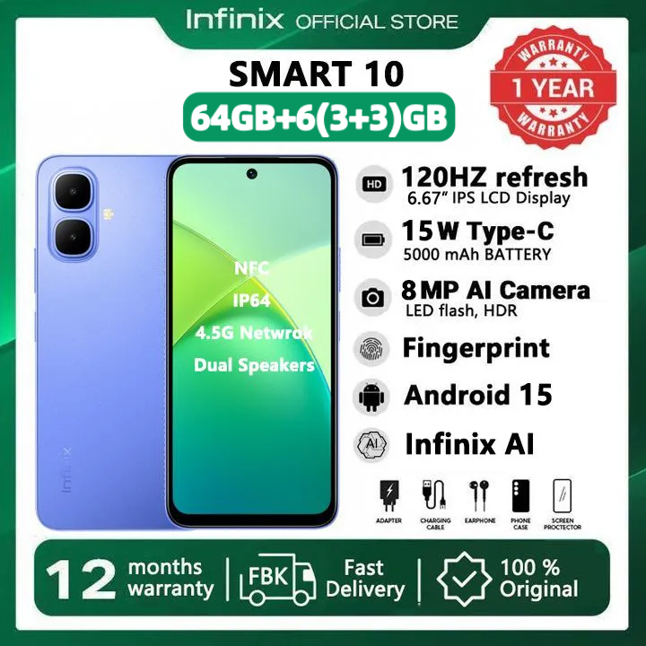 Infinix Smart 10 64GB + 6(3+3)GB 6.67" 120Hz Display Dual Speakers Dual SIM 4.5G Slim Phone 5000mAh Battery With 15W Charging NFC IP64 Fingerprint Lock Android 15 AI Smart Phones