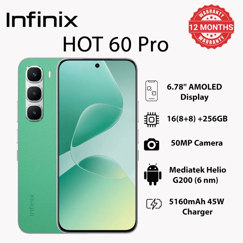 Infinix Hot 60 Pro 256GB+16(8+8)GB 6.78" 144Hz Screen 4G Slim Phone Dual SIM 5160mAh 45W Fast Charging 50MP Camera Fingerprint Lock NFC MTK Helio G200 Gyroscope AI Smart phones