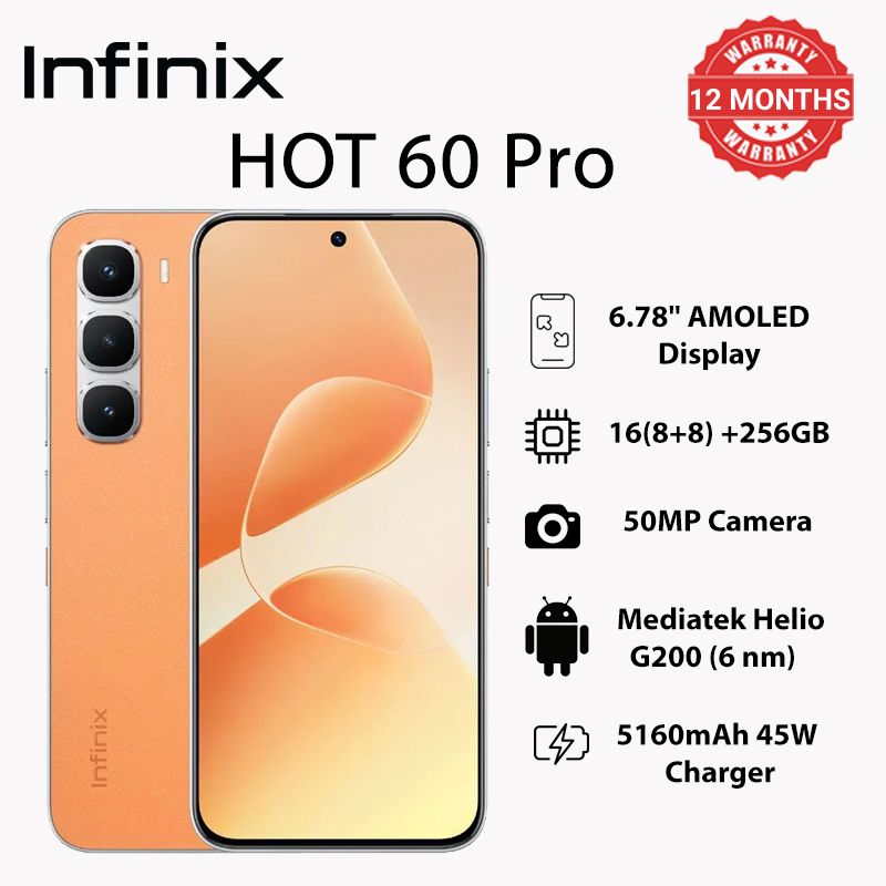 Infinix Hot 60 Pro 256GB+16(8+8)GB 6.78" 144Hz Screen 4G Slim Phone Dual SIM 5160mAh 45W Fast Charging 50MP Camera Fingerprint Lock NFC MTK Helio G200 Gyroscope AI Smart phones