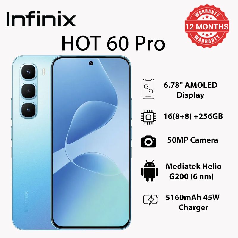 Infinix Hot 60 Pro 256GB+16(8+8)GB 6.78" 144Hz Screen 4G Slim Phone Dual SIM 5160mAh 45W Fast Charging 50MP Camera Fingerprint Lock NFC MTK Helio G200 Gyroscope AI Smart phones