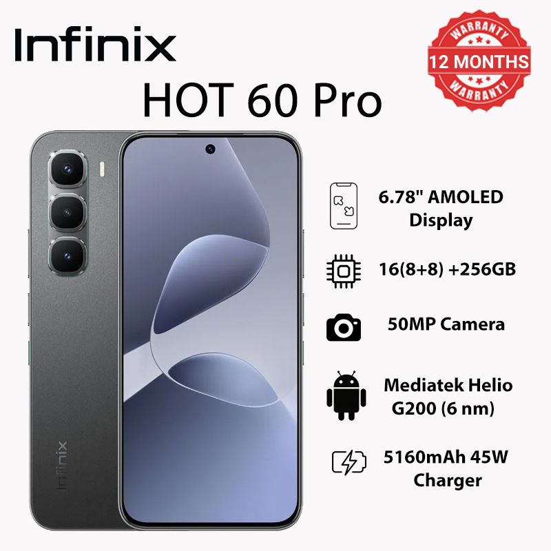 Infinix Hot 60 Pro 256GB+16(8+8)GB 6.78" 144Hz Screen 4G Slim Phone Dual SIM 5160mAh 45W Fast Charging 50MP Camera Fingerprint Lock NFC MTK Helio G200 Gyroscope AI Smart phones
