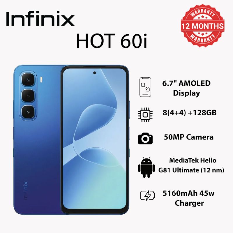 Infinix HOT60i 6.7"128GB/8(4+4)GB 120Hz display mediatek helio G81 ultimate 5160Mah 45W charging 50mp rear camera 8mp front camera IP Rated 64 dust/water resistant 4G and AI Smartphone