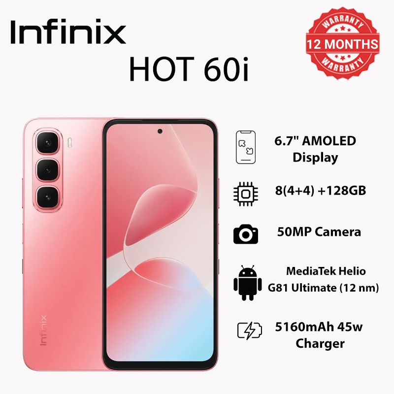 Infinix HOT60i 6.7"128GB/8(4+4)GB 120Hz display mediatek helio G81 ultimate 5160Mah 45W charging 50mp rear camera 8mp front camera IP Rated 64 dust/water resistant 4G and AI Smartphone