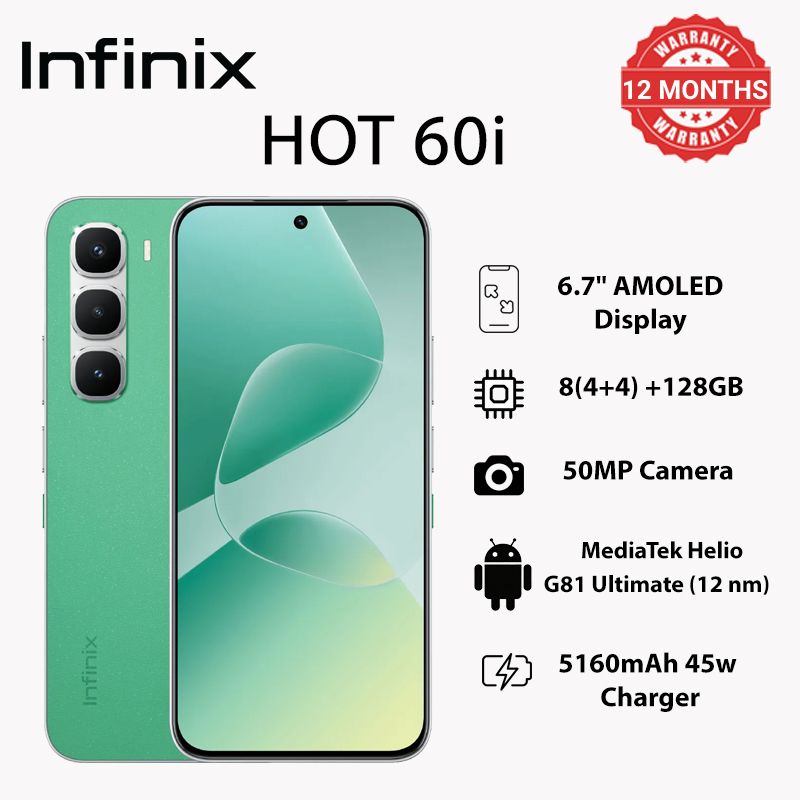 Infinix HOT60i 6.7"128GB/8(4+4)GB 120Hz display mediatek helio G81 ultimate 5160Mah 45W charging 50mp rear camera 8mp front camera IP Rated 64 dust/water resistant 4G and AI Smartphone