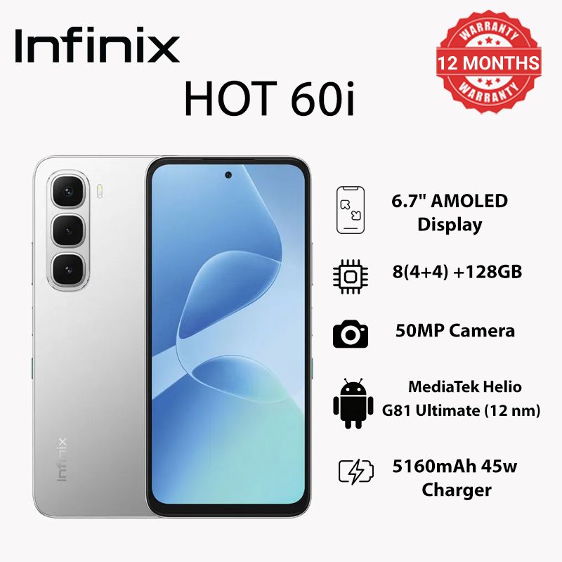 Infinix HOT60i 6.7"128GB/8(4+4)GB 120Hz display mediatek helio G81 ultimate 5160Mah 45W charging 50mp rear camera 8mp front camera IP Rated 64 dust/water resistant 4G and AI Smartphone