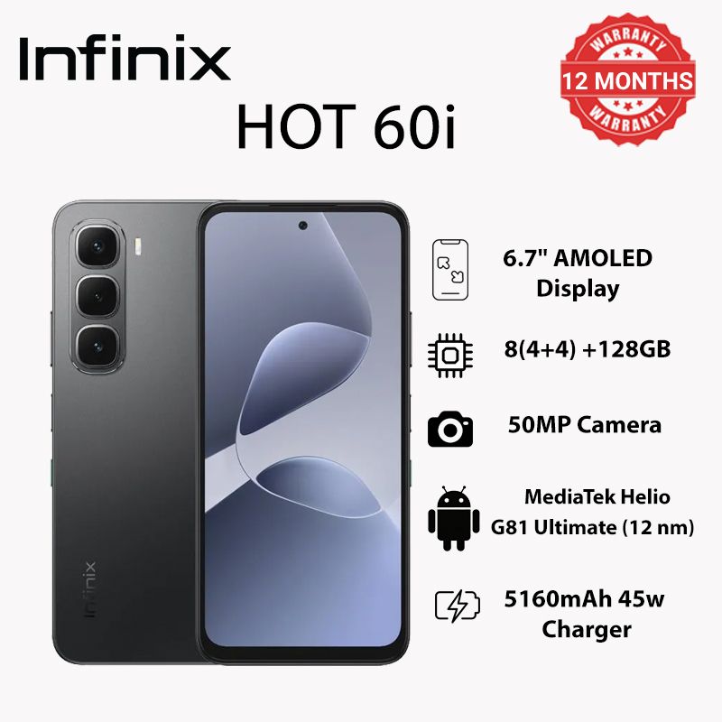 Infinix HOT60i 6.7"128GB/8(4+4)GB 120Hz display mediatek helio G81 ultimate 5160Mah 45W charging 50mp rear camera 8mp front camera IP Rated 64 dust/water resistant 4G and AI Smartphone