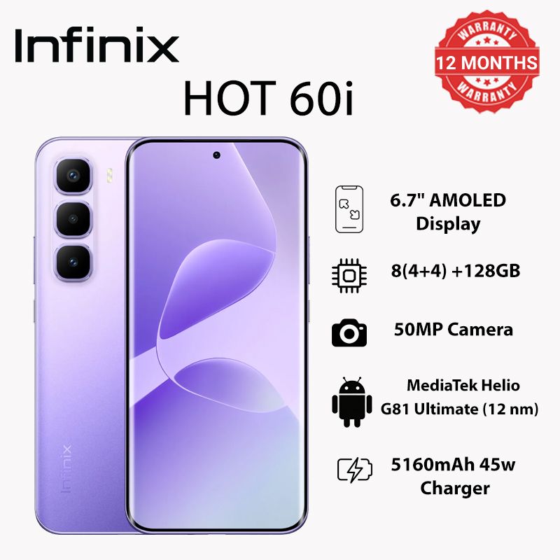 Infinix HOT60i 6.7"128GB/8(4+4)GB 120Hz display mediatek helio G81 ultimate 5160Mah 45W charging 50mp rear camera 8mp front camera IP Rated 64 dust/water resistant 4G and AI Smartphone