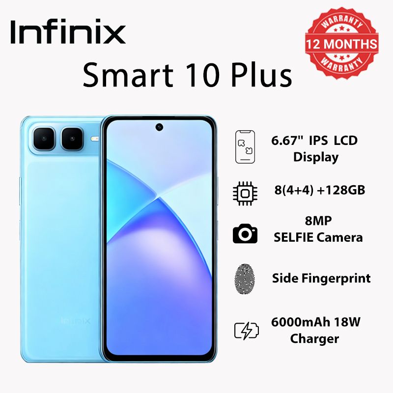 Infinix Smart 10 Plus 6.67" 120Hz IPS LCD Screen, 128GB Storage + 8(4+4)GB RAM, 6000 mAh Battery, 8MP Rear & 8MP Front Camera, Android 15, Dual SIM, Side Fingerprint, Stereo Speakers, USB-C, FM Radio