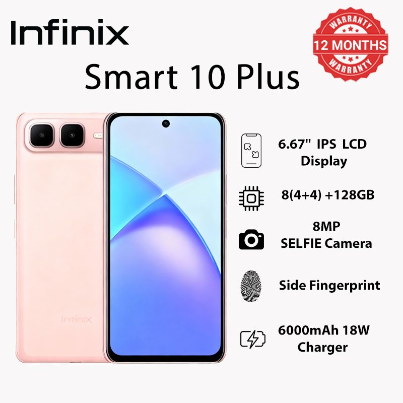 Infinix Smart 10 Plus 6.67" 120Hz IPS LCD Screen, 128GB Storage + 8(4+4)GB RAM, 6000 mAh Battery, 8MP Rear & 8MP Front Camera, Android 15, Dual SIM, Side Fingerprint, Stereo Speakers, USB-C, FM Radio