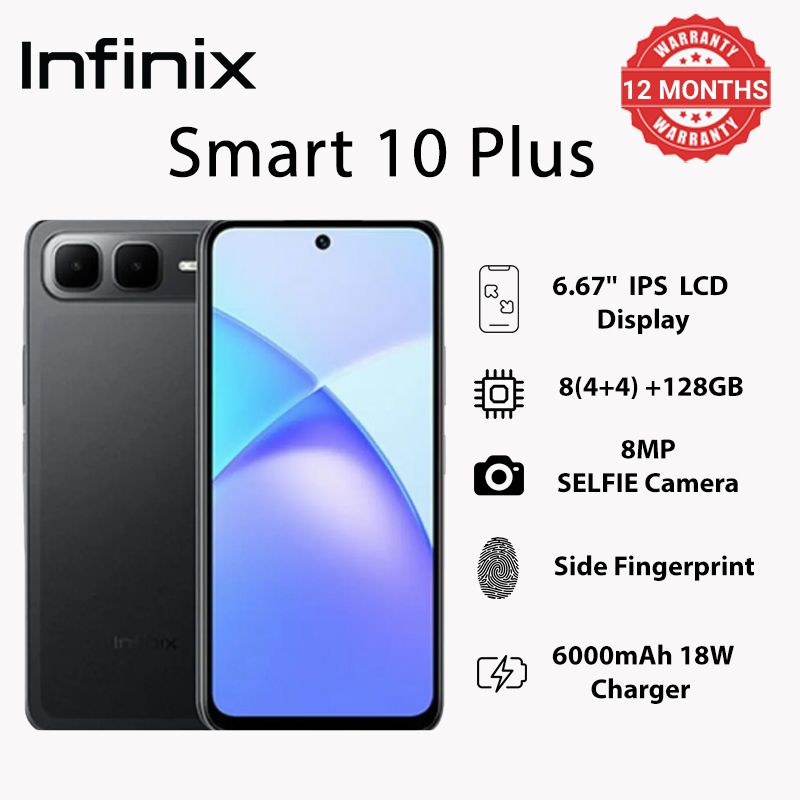 Infinix Smart 10 Plus 6.67" 120Hz IPS LCD Screen, 128GB Storage + 8(4+4)GB RAM, 6000 mAh Battery, 8MP Rear & 8MP Front Camera, Android 15, Dual SIM, Side Fingerprint, Stereo Speakers, USB-C, FM Radio
