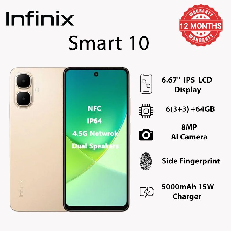 Infinix Smart 10 64GB + 6(3+3)GB 6.67" 120Hz Display Dual Speakers Dual SIM 4.5G Slim Phone 5000mAh Battery With 15W Charging NFC IP64 Fingerprint Lock Android 15 AI Smart Phones