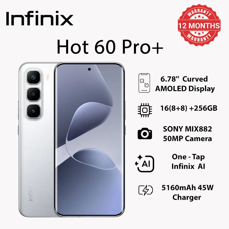 Infinix Hot 60 Pro+  256GB+16(8+8)GB 6.78" 144Hz Curved Screen Dual SIM 4G Slim Phone 45W 5160mAh Battery 50MP Camera NFC JBL Helio G200 Hot 60 Pro+ Gyroscope Smart AI Phones