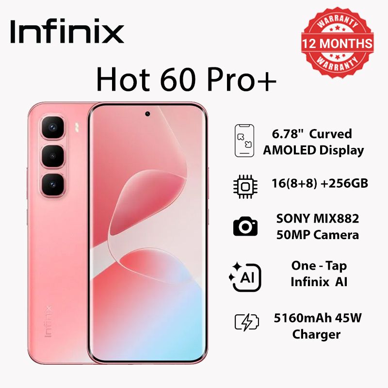 Infinix Hot 60 Pro+  256GB+16(8+8)GB 6.78" 144Hz Curved Screen Dual SIM 4G Slim Phone 45W 5160mAh Battery 50MP Camera NFC JBL Helio G200 Hot 60 Pro+ Gyroscope Smart AI Phones
