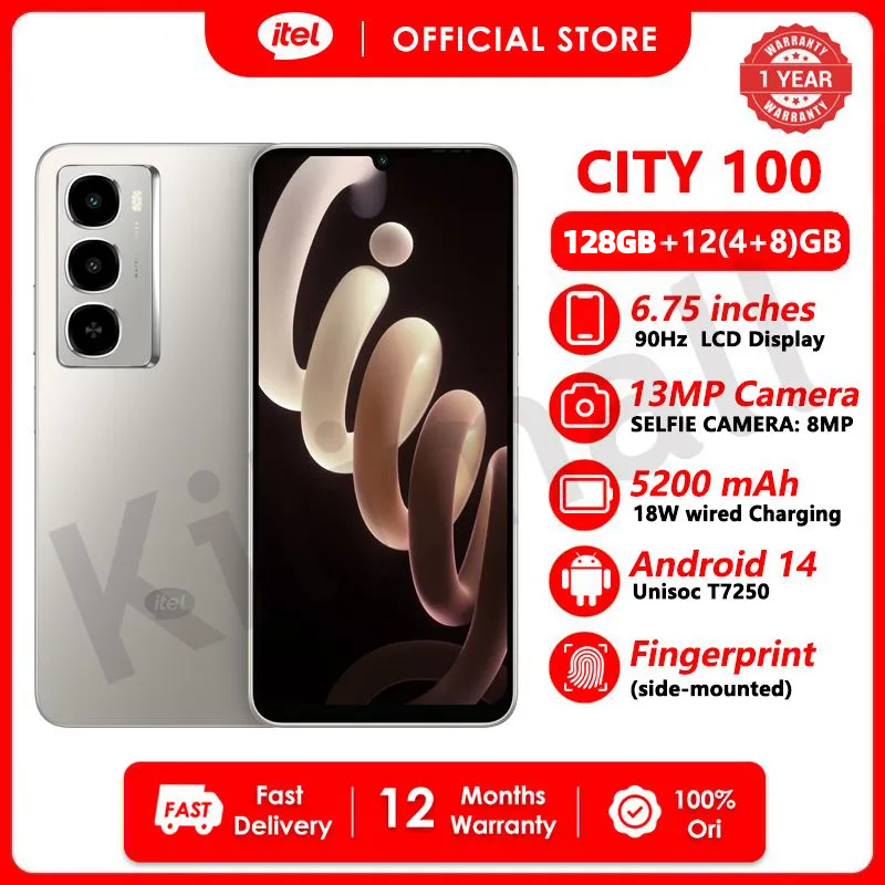 Itel CITY 100 Phone 12(4+8)GB RAM+128GB 6.75" 90Hz Display Slim Phone Dual SIM 4G Network 13MP Camera 18W Charging 5200mAh Battery Android 14 IP64 Fingerprint Unlock AI Smart Phones