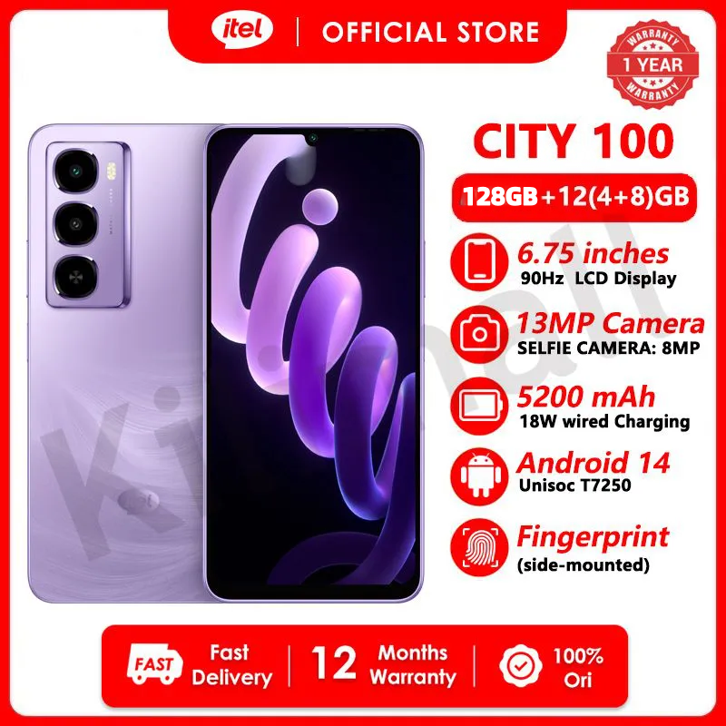Itel CITY 100 Phone 12(4+8)GB RAM+128GB 6.75" 90Hz Display Slim Phone Dual SIM 4G Network 13MP Camera 18W Charging 5200mAh Battery Android 14 IP64 Fingerprint Unlock AI Smart Phones
