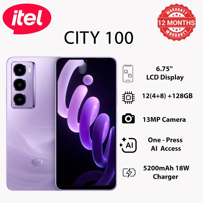 Itel CITY 100 Phone 12(4+8)GB RAM+128GB ROM 6.75" 90Hz Display Slim Phone Dual SIM 4G Network 13MP Camera 18W Charging 5200mAh Battery Android 14 IP64 Fingerprint Unlock AI Smart Phones