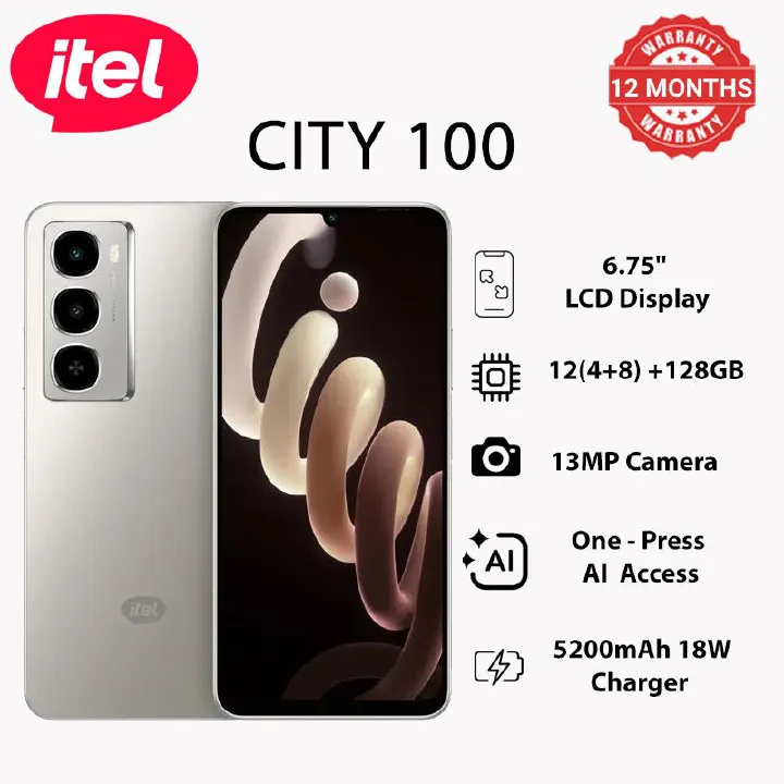 Itel CITY 100 Phone 12(4+8)GB RAM+128GB ROM 6.75" 90Hz Display Slim Phone Dual SIM 4G Network 13MP Camera 18W Charging 5200mAh Battery Android 14 IP64 Fingerprint Unlock AI Smart Phones